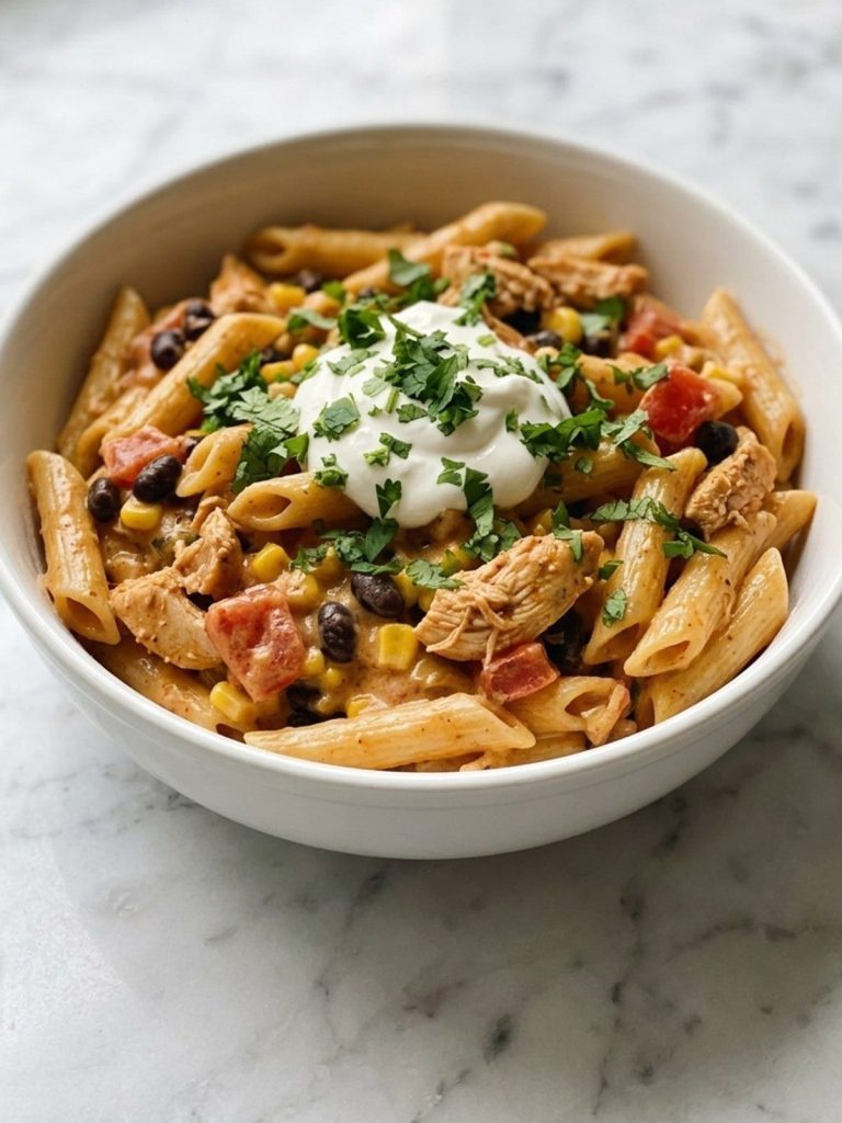 A bowl of southwest chicken penne with black beans, corn and a dollop of sour cream