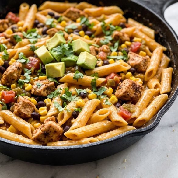 A skillet of creamy southwest chicken pasta with penne, chicken, black beans, corn and cilantro