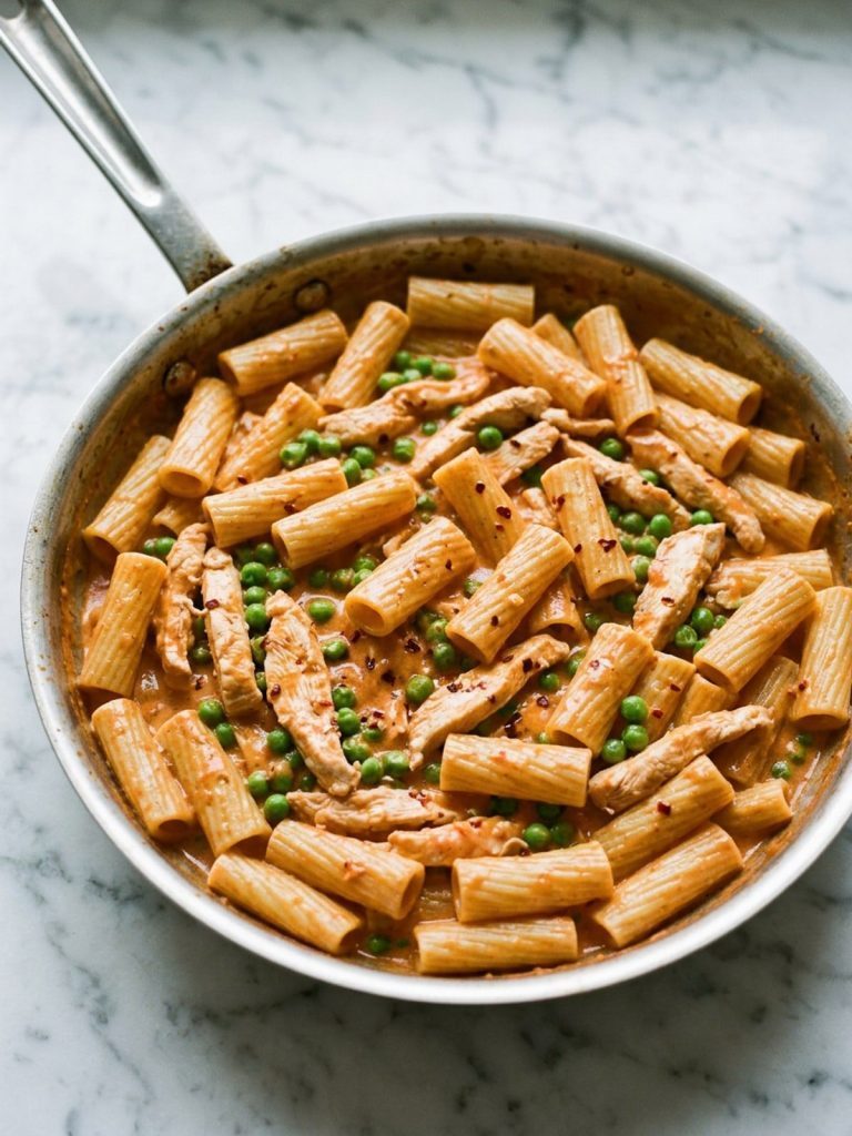 A skillet of rigatoni, chicken and peas in creamy tomato sauce