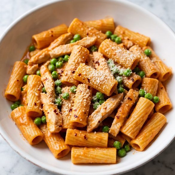 A bowl of rigatoni with chicken strips and peas in a creamy pink tomato sauce