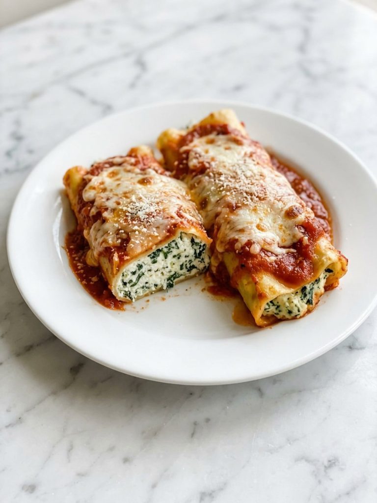 Two manicotti on a white plate, one cut open with creamy spinach ricotta filling