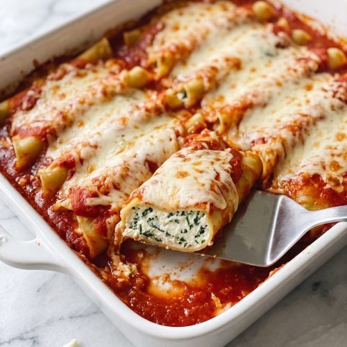 A baking dish of manicotti in marinara sauce with melted mozzarella, one cut open to show the spinach ricotta filling