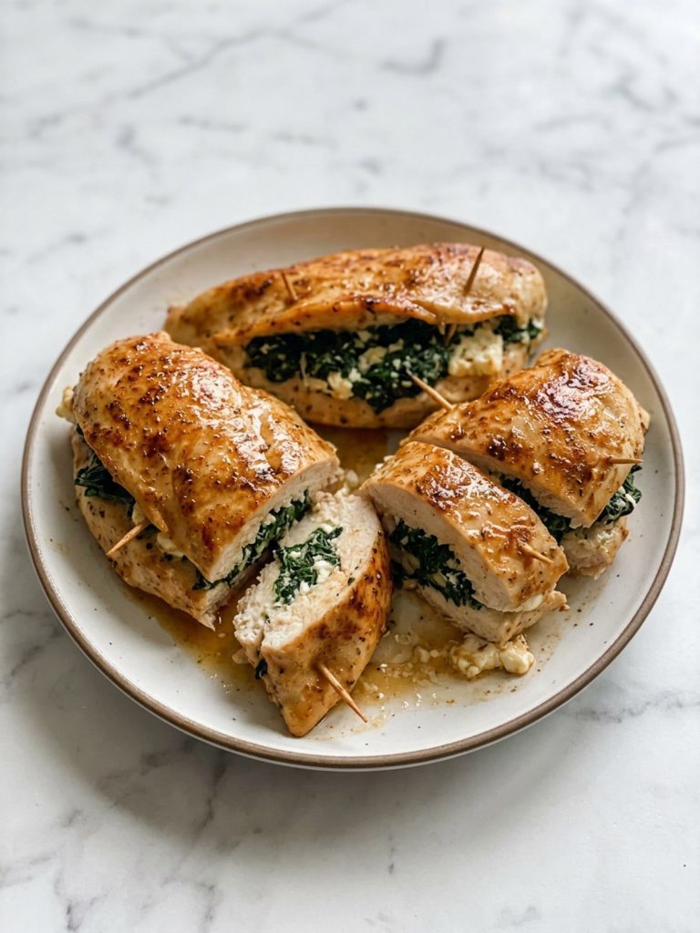 Four seared spinach and feta stuffed chicken breasts in a cast-iron skillet