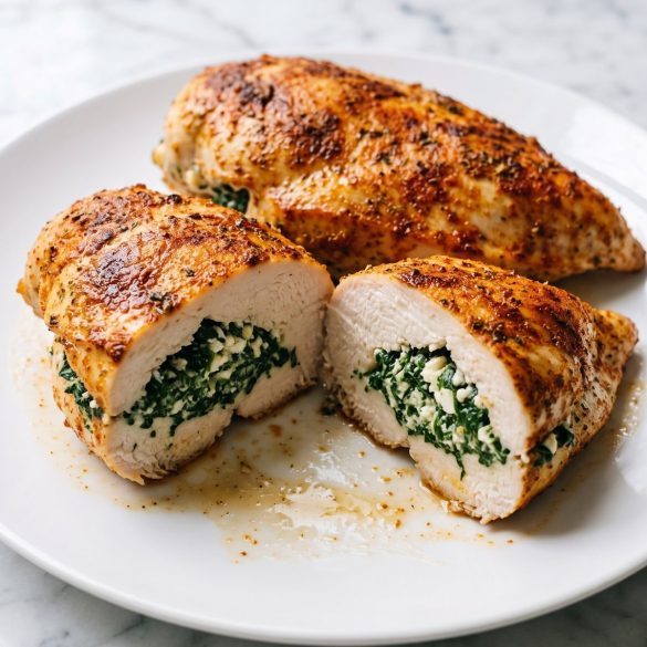 A seared chicken breast cut open to show a spinach and feta filling on a white plate