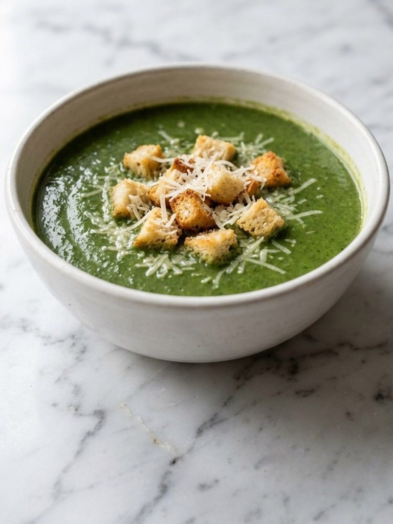 A bowl of creamy spinach soup topped with croutons and shredded Parmesan