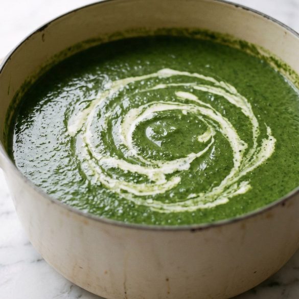 Smooth creamy green spinach soup in a pot with a swirl of cream