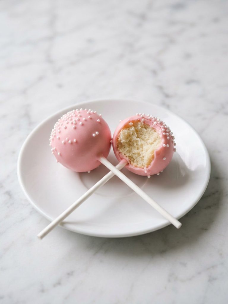 Close view of a pink cake pop with a bite taken out showing the vanilla cake center