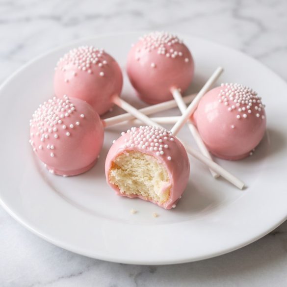 Pink cake pops with white sprinkles on a white plate, one with a bite taken out