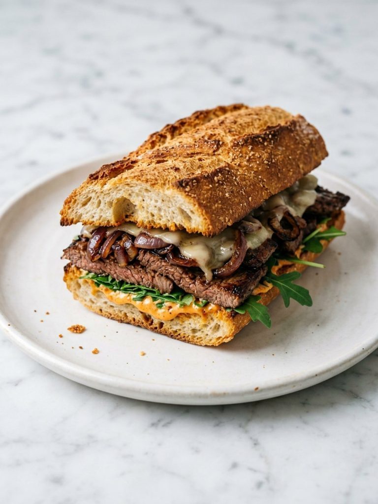 One steak sandwich on a white plate showing thin slices of steak, caramelized onions and melted provolone