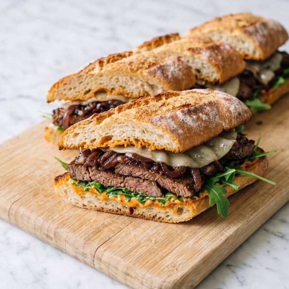 Steak sandwiches on a baguette with sliced skirt steak, caramelized onions and melted provolone on a cutting board