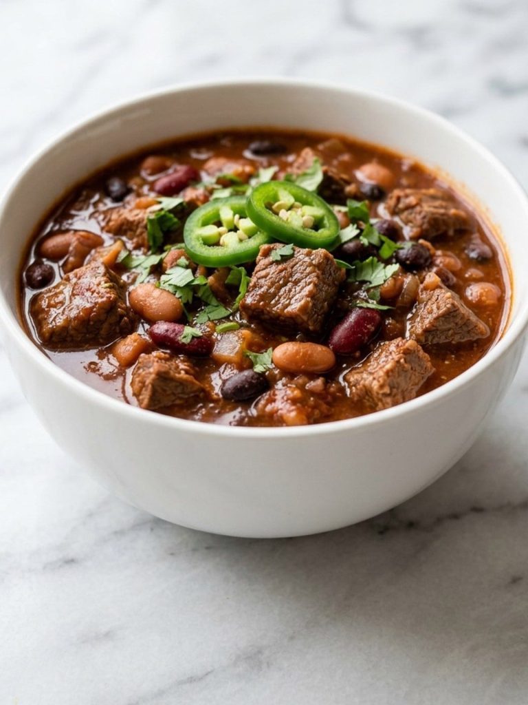 Close view of tender beef cubes and beans in thick tomato chili