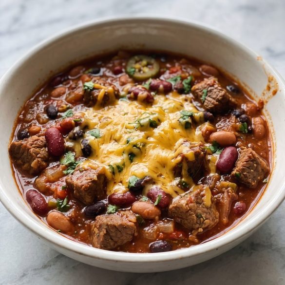 A bowl of chunky stew meat chili with tender beef cubes, kidney beans and tomatoes, topped with shredded cheese