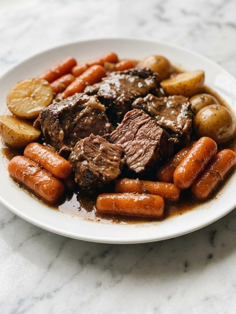A plate of tender pulled pot roast with carrots, baby potatoes and sauce