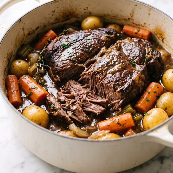 A fork-tender chuck pot roast with carrots and baby potatoes in a Dutch oven, partly pulled apart