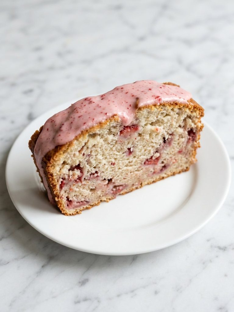 A thick slice of strawberry bread with red berry pieces and pink glaze on a white plate