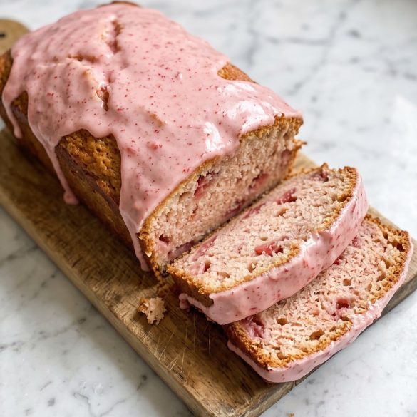 A loaf of strawberry bread with pink strawberry glaze, with slices cut to show the berries inside