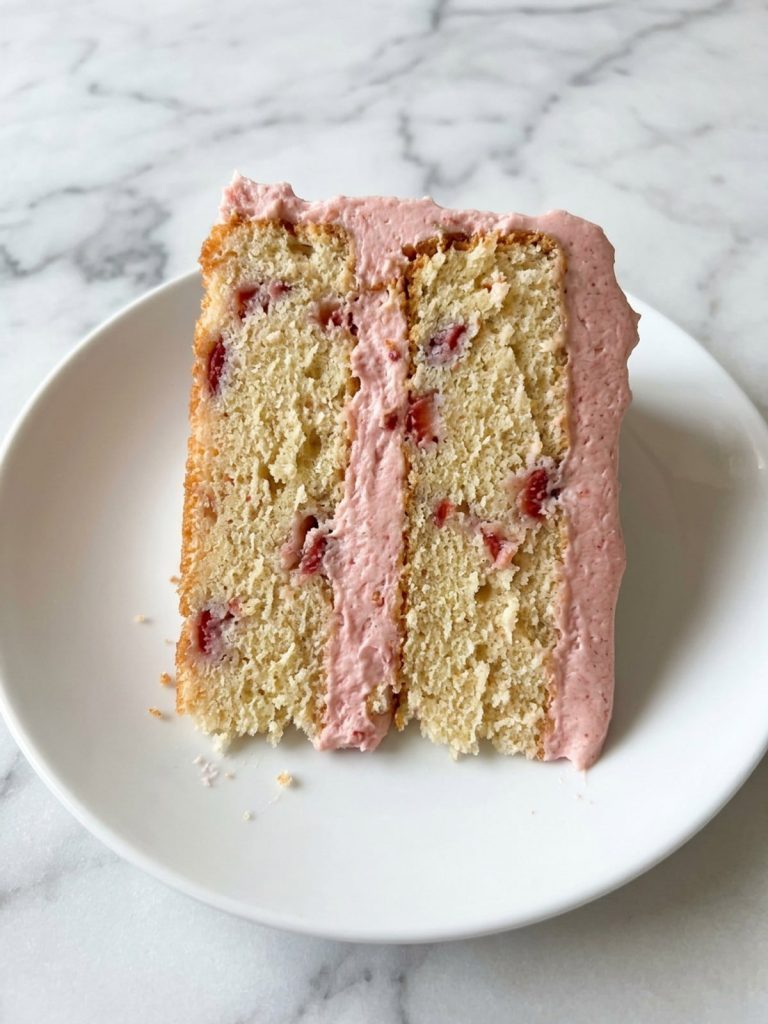A slice of two-layer strawberry cake with pink strawberry buttercream on a white plate