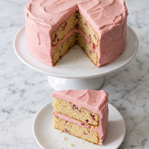 A two-layer strawberry cake with pink strawberry buttercream and one slice cut out
