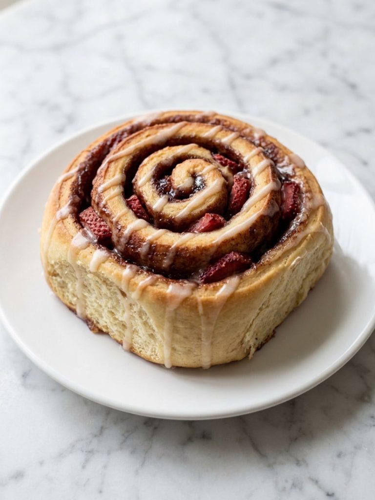 One strawberry cinnamon roll with a red jam swirl and white glaze on a white plate