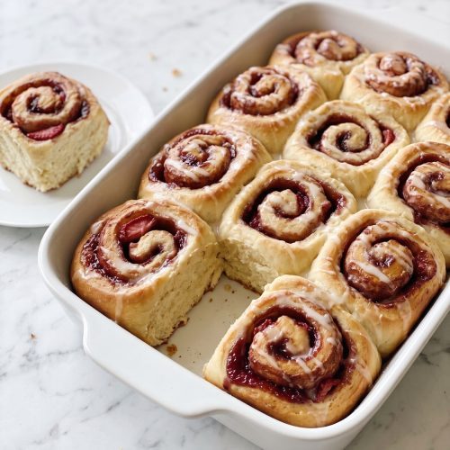 A baking dish of golden strawberry cinnamon rolls drizzled with white glaze