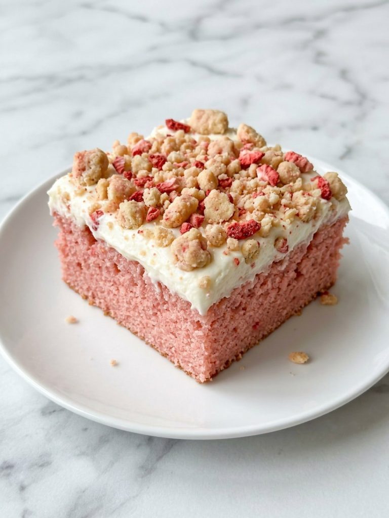 A square slice of pink strawberry cake with cream cheese frosting and strawberry cookie crunch on a white plate
