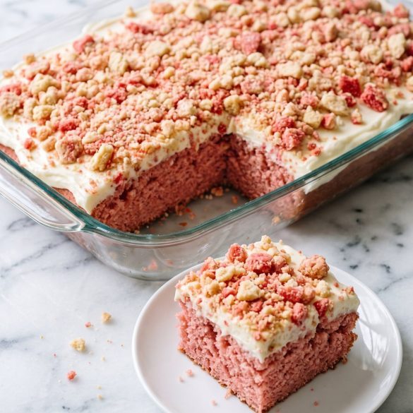 Strawberry shortcake crunch cake in a glass 13x9 dish with one square cut out