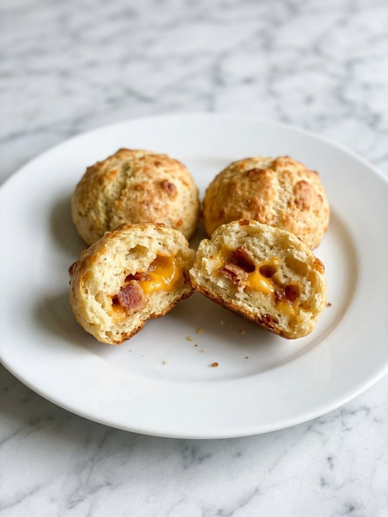 A stuffed biscuit broken open to show melted cheddar and bacon pieces