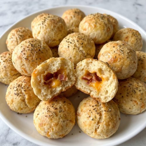 Golden stuffed biscuit balls on a white plate, one broken open with melted cheddar and bacon inside