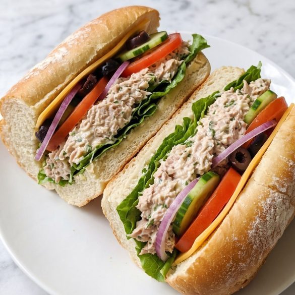 A tuna sub sandwich cut in half with lettuce, tomato, cucumber, red onion, olives and American cheese
