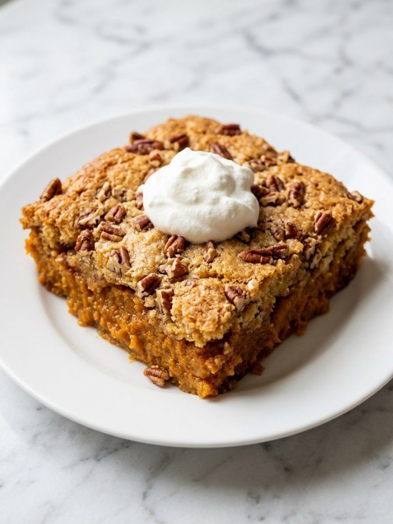 A serving of sweet potato dump cake with orange filling, golden pecan topping and whipped cream