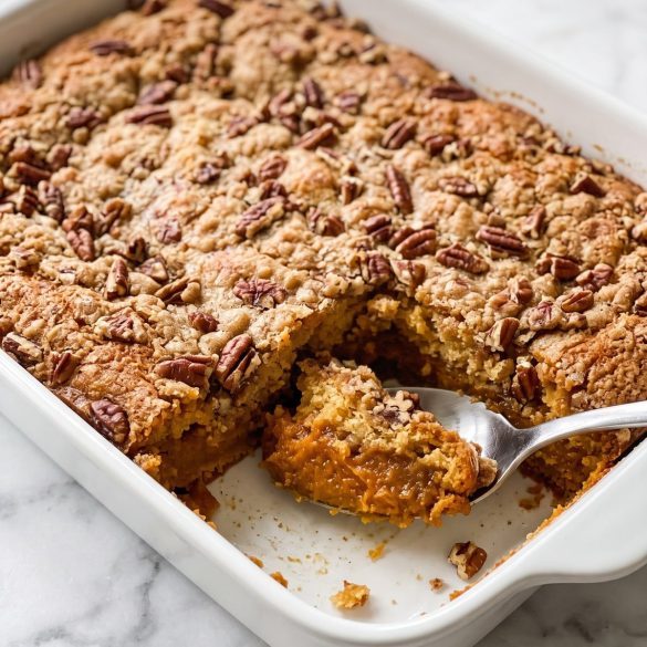 A baking dish of sweet potato dump cake with a golden pecan topping, one scoop removed