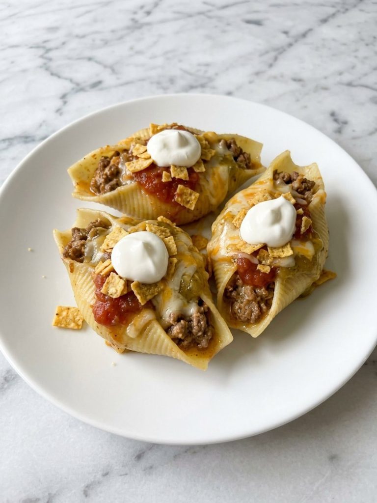 Three taco stuffed shells on a white plate with melted cheese, corn chips and sour cream
