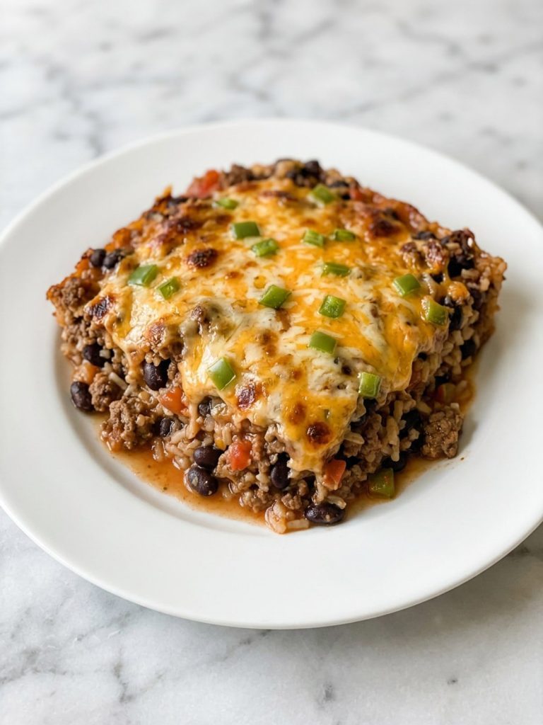 A serving of beef, black bean and rice casserole with melted cheese on a white plate