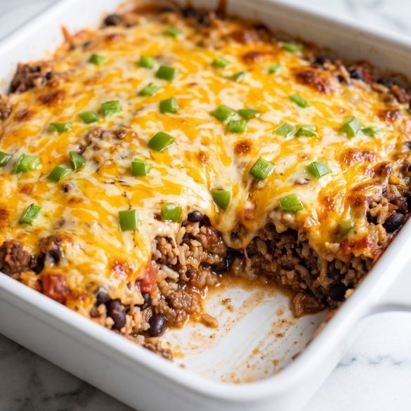 A square dish of Tex Mex casserole with melted cheese, a scoop removed to show beef, beans and rice