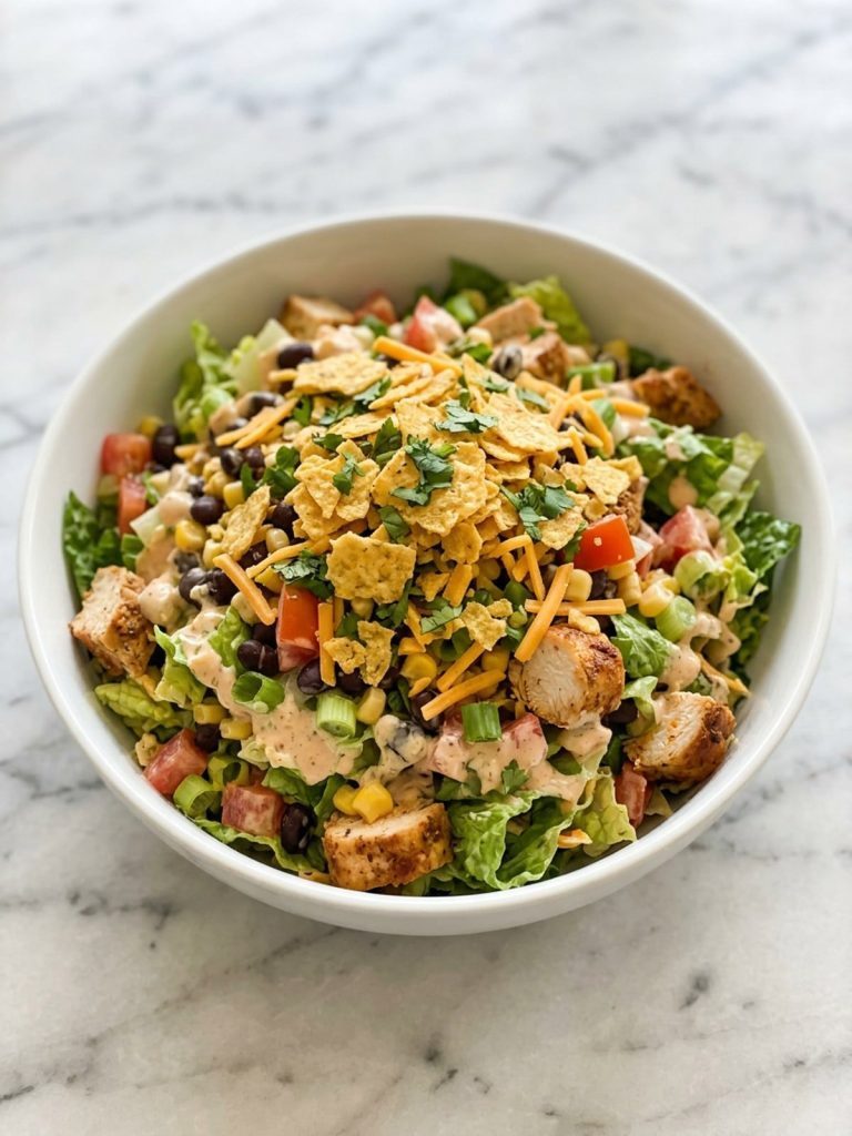 A bowl of chopped chicken salad with black beans, corn, cheddar, taco-ranch dressing and crushed tortilla chips
