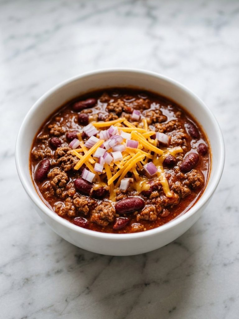 A full bowl of thick beef and bean chili topped with diced red onion and shredded cheddar