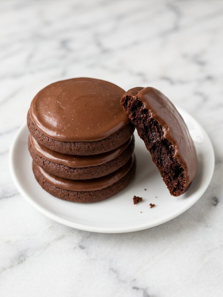 A stack of frosted chocolate Texas sheet cake cookies on a white plate