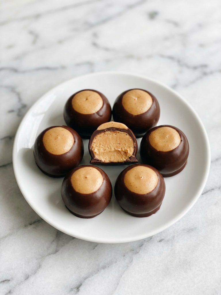 Close view of buckeyes with smooth chocolate shells and bare peanut butter tops