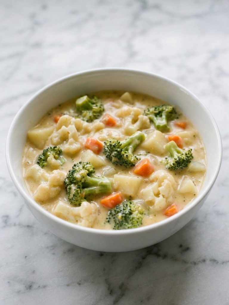 A full bowl of thick cheddar chowder with broccoli, cauliflower, potatoes and carrots