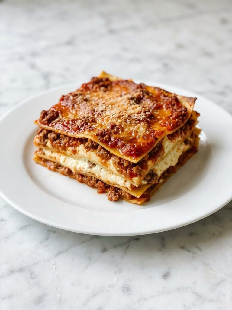 A square of beef lasagna showing noodle, ricotta and meat sauce layers on a white plate