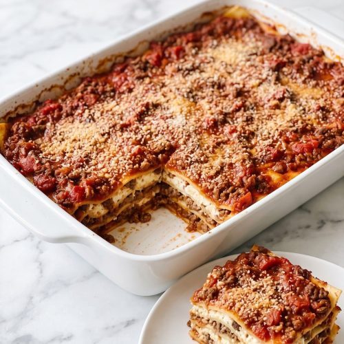 A baking dish of three cheese beef lasagna with one square served on a plate