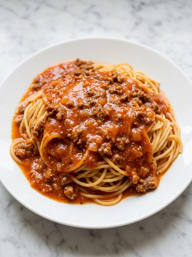 A plate of spaghetti topped with smooth tomato meat sauce