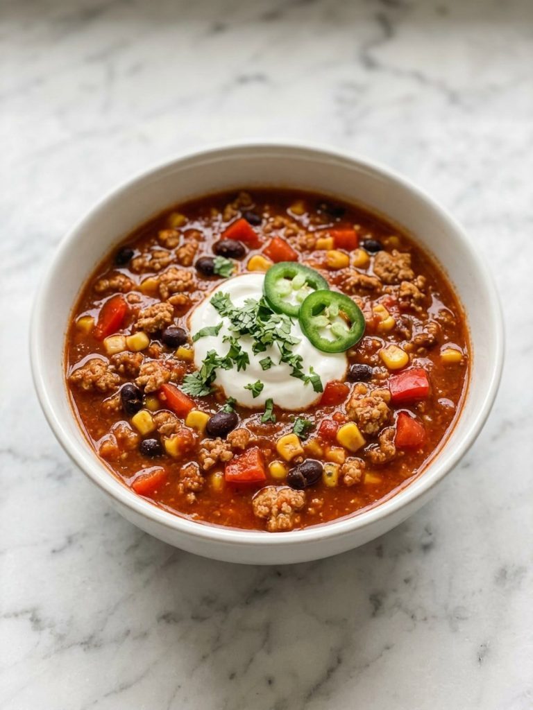 A full bowl of red turkey enchilada soup topped with sour cream, cilantro and jalapeño