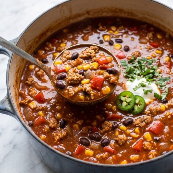 A pot of red turkey enchilada soup with black beans, corn and peppers, with a ladle