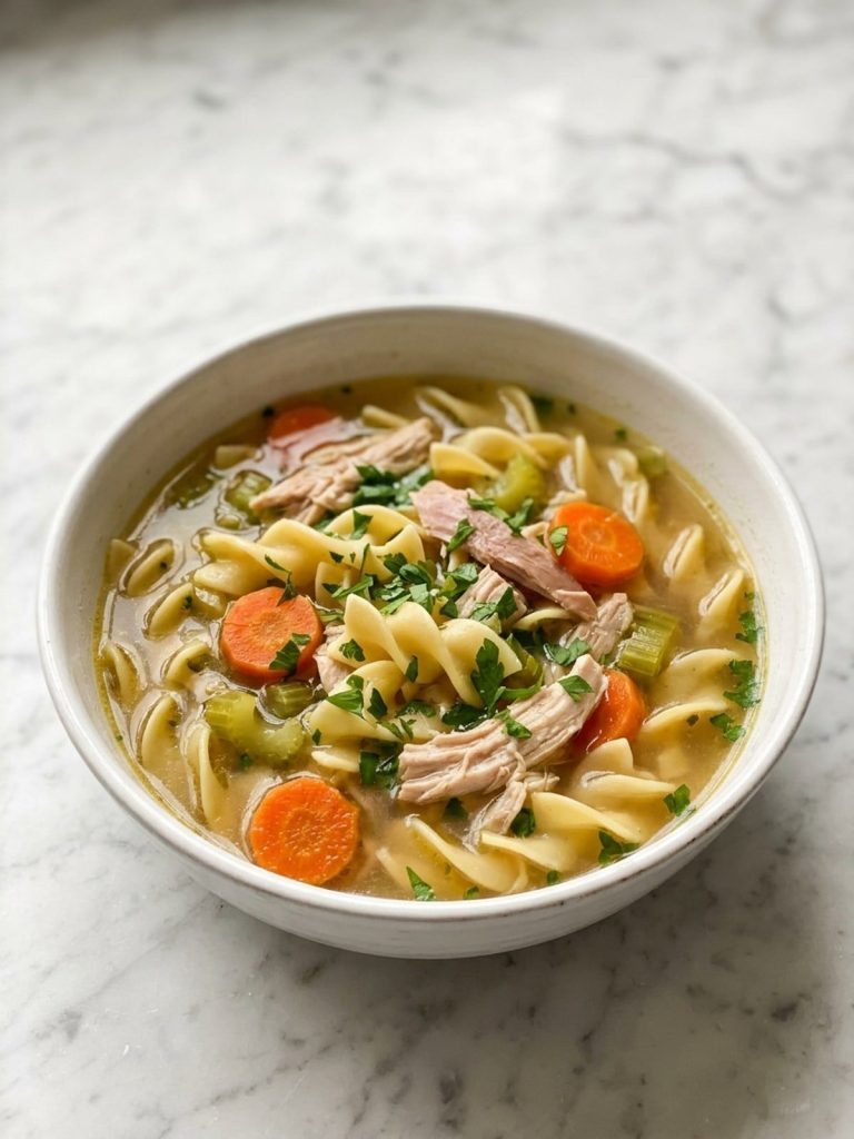A full bowl of turkey noodle soup with egg noodles, carrots, celery and turkey