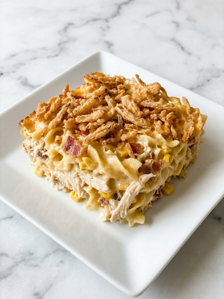 One full serving of ultimate chicken casserole on a white plate, creamy noodles with chicken, corn and bacon topped with crisp French fried onions