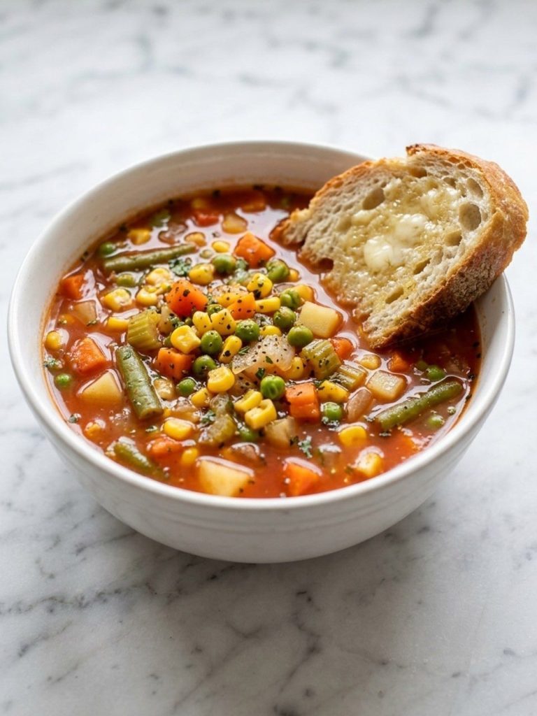 A full bowl of V8 vegetable soup with mixed vegetables and a slice of buttered bread