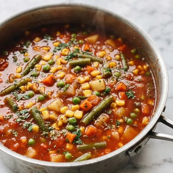 A pot of tomato-red vegetable soup with corn, peas, carrots, green beans and potatoes