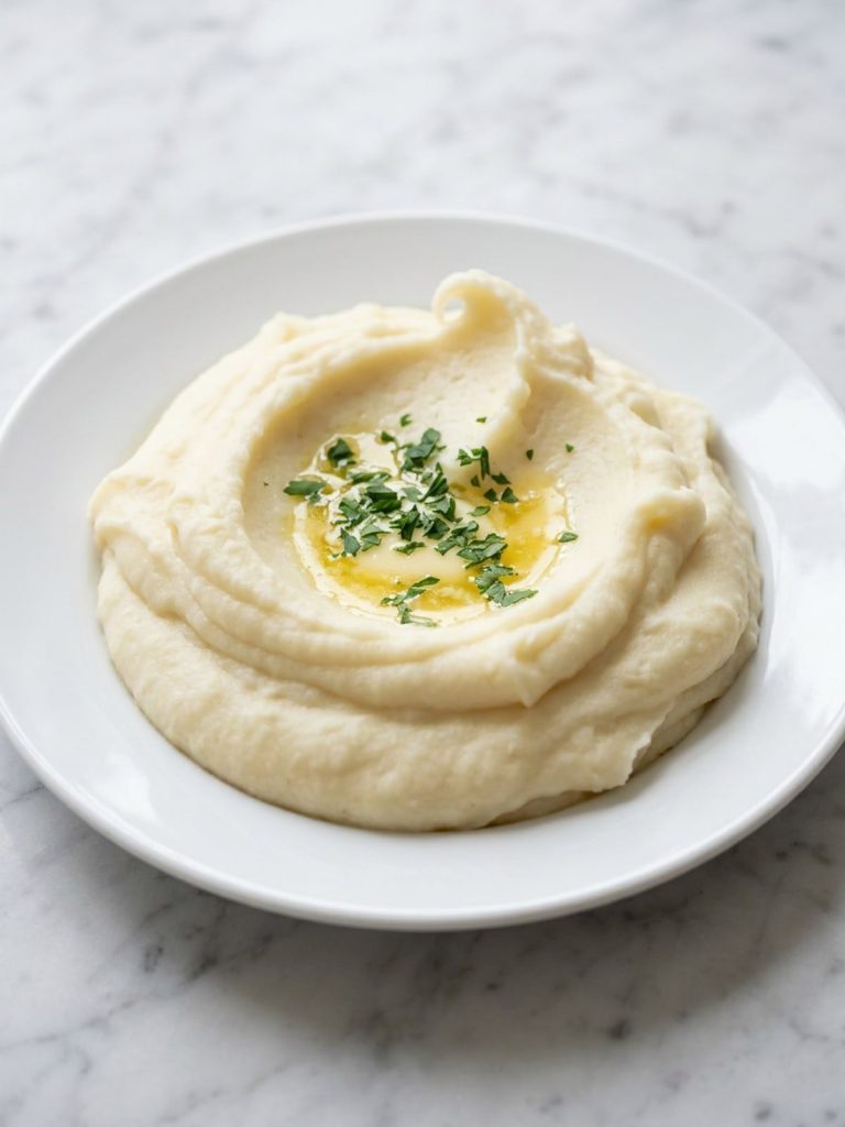 A scoop of smooth, fluffy whipped potatoes with a soft peak on a white plate