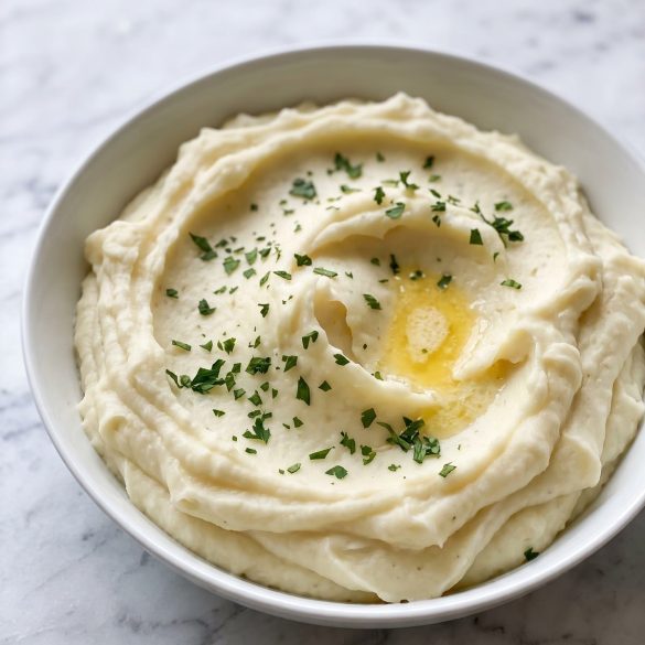 A bowl of fluffy whipped potatoes with soft peaks, melted butter and parsley